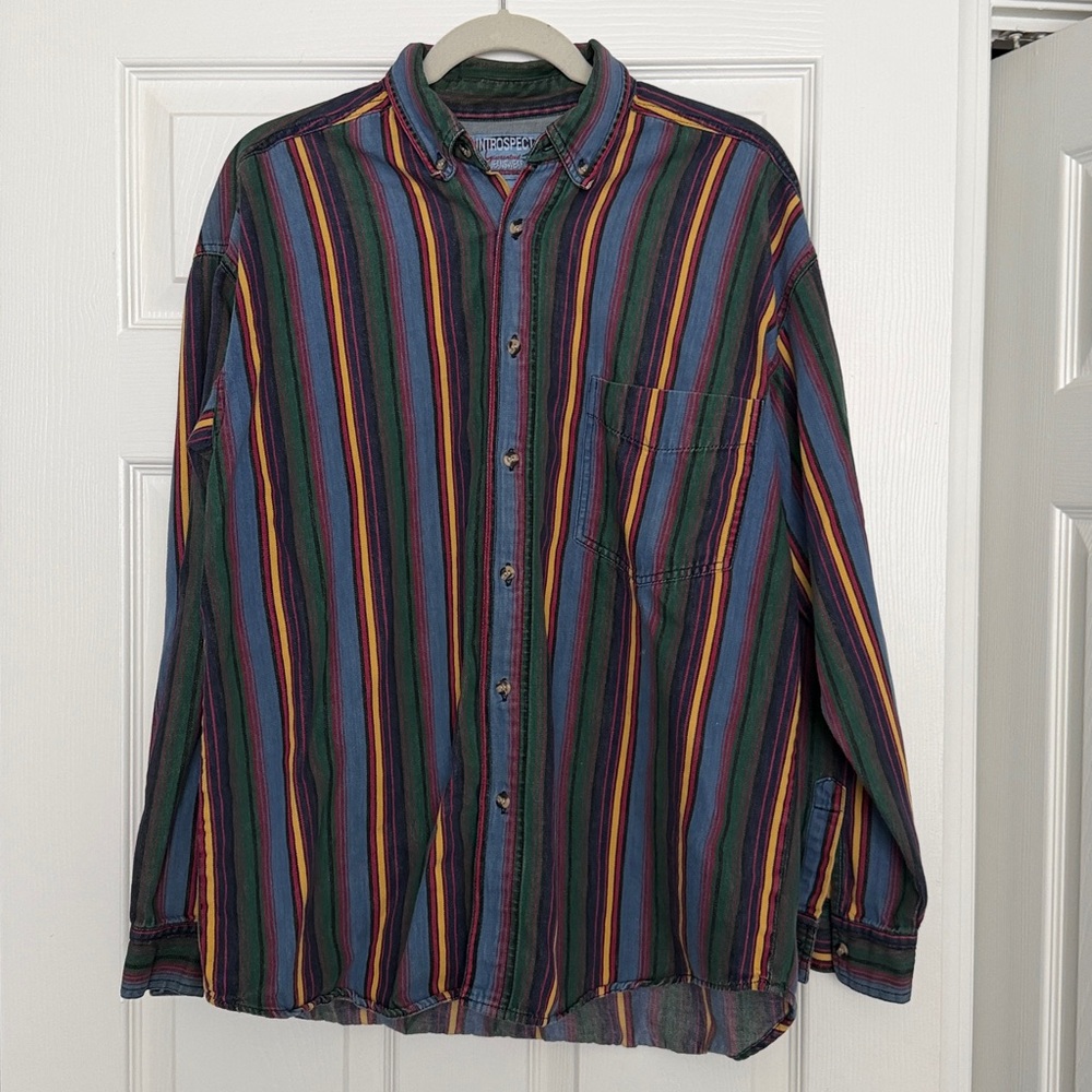 Vintage Striped Long Sleeve Shirt 100% Cotton Medium Introspect Jeanswear